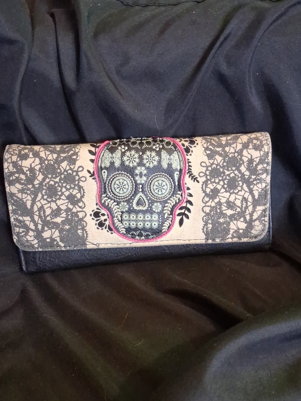 Loungefly Black Wallet with Pink-Accented Sugar Skull Brand New Condition.